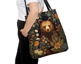 Forest Bear Tote Bag, William Morris Inspired Woodland Bear Shopping Bag, Moody Floral Art Nouveau Gifts for Her, Whimsical Bear Bag