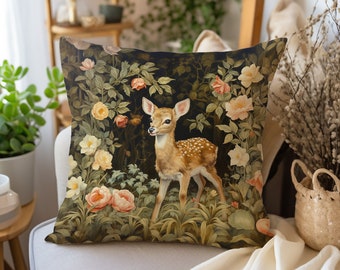 Floral Forest Deer Accent Pillow, Cottagecore Decor, Insert Included