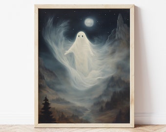 Mountain Ghost Halloween Art, Spooky Starry Night Painting (Digital Download)