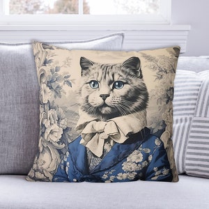 Vintage Cat Decorative Pillow, Toile de Jouy, French Blue Chaton Noble Pillow, Elegant Cat Gentleman Cushion INSERT INCLUDED image 5