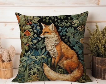 Forest Fox Pillow William Morris Inspired Cushion Whimsical Fox Floral Garden Retro Charm Home Decor Country Farmhouse INSERT INCLUDED