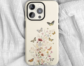 Funda resistente para iPhone con diseño de mariposas y flores, diseño de jardín