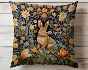 Forest Rabbit Pillow William Morris-Inspired Botanical Floral Bunny Cushion Vintage Throw Pillow High-Quality Home Decor INSERT INCLUDED