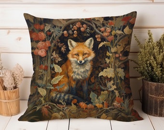Fox Pillow, Vintage Cottagecore Autumn Decor, Botanical Woodland Cushion (Insert Included)