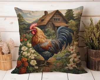 Rooster Farmhouse Throw Pillow – William Morris Style Cushion