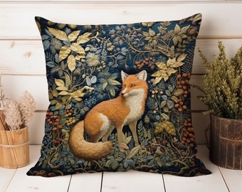 Woodland Fox Pillow, Botanical Floral Vintage Cushion, Farmhouse Decor (Pillow Included)