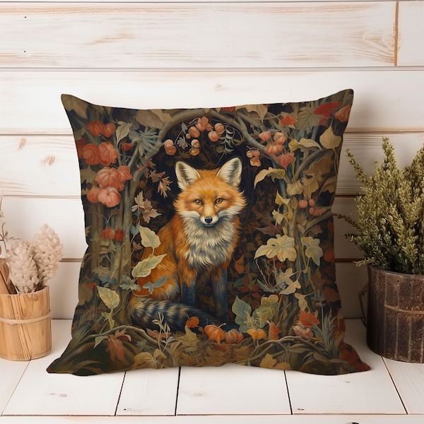 Coussin renard automne maussade, décoration automne Cottagecore vintage, coussin d'accentuation décoration maison ferme botanique forêt boisé, insert inclus