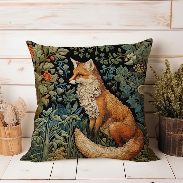 Coussin renard forestier inspiré de William Morris, renard lunatique, jardin floral, charme rétro, décoration d'intérieur, ferme de campagne, insert inclus