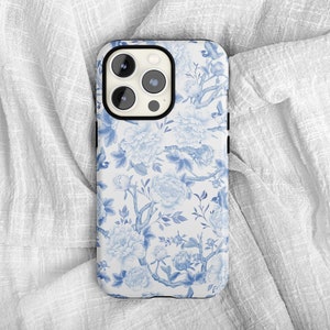 Azul e branco floral chinoiserie estética caso de telefone para iphone 14 13 12 plus pro max mini presente protetor para seu resistente francês bw1
