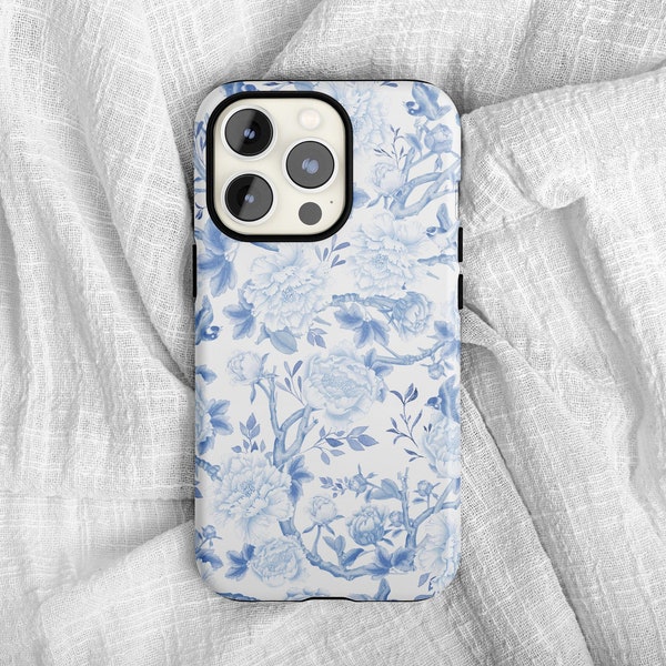 Blue & White Floral Chinoiserie Aesthetic Phone Case for iPhone 14 13 12 Plus Pro Max Mini Protective Gift for Her Tough French BW1