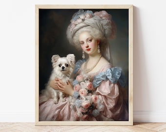 May include: A painting of a woman in a pink dress with a white dog. She is wearing a white and pink turban with flowers. She is holding a bouquet of pink and blue flowers.