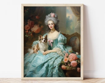 May include: A woman in a blue gown with a white wig and a pink ribbon sits in a chair with a small white and brown dog. The woman is surrounded by pink flowers.