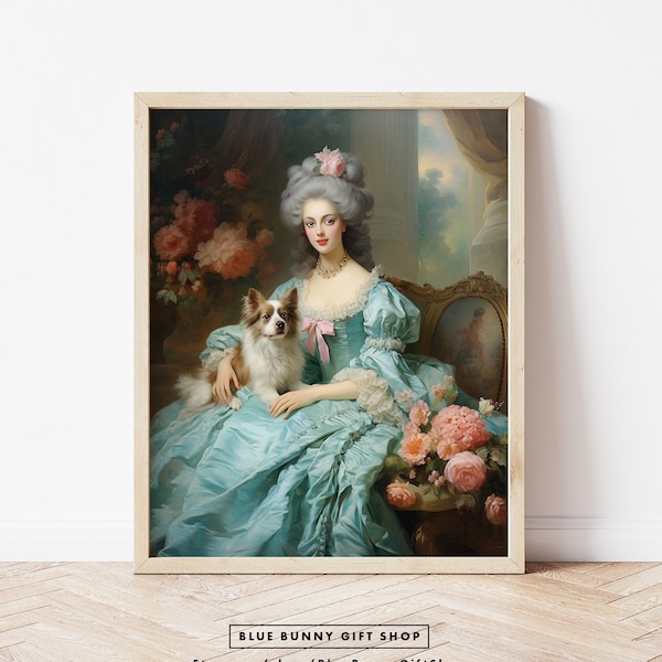 Marie Antoinette avec impression d’art mural pour chien, robe turquoise rococo, peinture à l’huile baroque, portrait vintage d’une dame | CADRE NON INCLUS