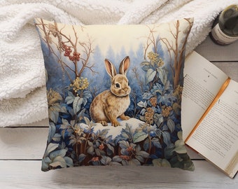 Winter Bunny Accent Pillow, Snowy Forest Scene, Botanical Woodland Cushion