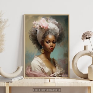Rococo African Beauty Art Print, Baroque Oil Painting Wall Art Print, Pink Floral Dress Lady Portrait Vintage Decor | FRAME NOT INCLUDED