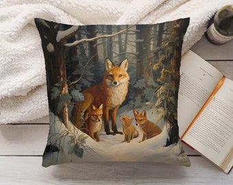 Winter Fox Family Pillow, Snowy Forest Cushion, Christmas Gift, Vintage Woodland Cottagecore William Morris Accent Pillow, INSERT INCLUDED