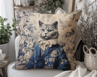 Vintage Cat Decorative Pillow, Toile de Jouy, French Blue Chaton Noble Pillow, Elegant Cat Gentleman Cushion INSERT INCLUDED