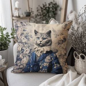 Vintage Cat Decorative Pillow, Toile de Jouy, French Blue Chaton Noble Pillow, Elegant Cat Gentleman Cushion INSERT INCLUDED image 1