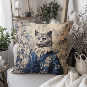 Vintage Cat Decorative Pillow, Toile de Jouy, French Blue Chaton Noble Pillow, Elegant Cat Gentleman Cushion INSERT INCLUDED