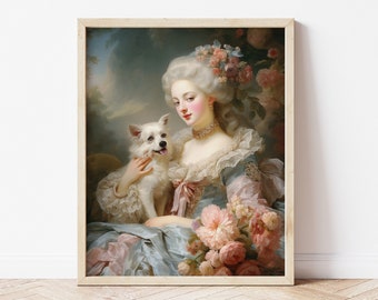 Marie Antoinette with Dog Art Print, Rococo Princess with Flowers Oil Painting, 18th Century French Queen Wall Decor | FRAME NOT INCLUDED