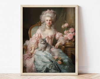 Marie Antoinette with a Cat Art Print | Pastel Pink Floral Rococo Lady Vintage Painting Wall Decor | Antique Baroque | FRAME NOT INCLUDED