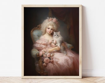 Rococo Girl with Kitten Art Print, 18th Century French Decor
