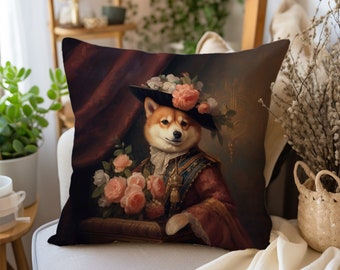 Victorian Shiba Inu Dog Pillow, Floral Noble Puppy Cushion