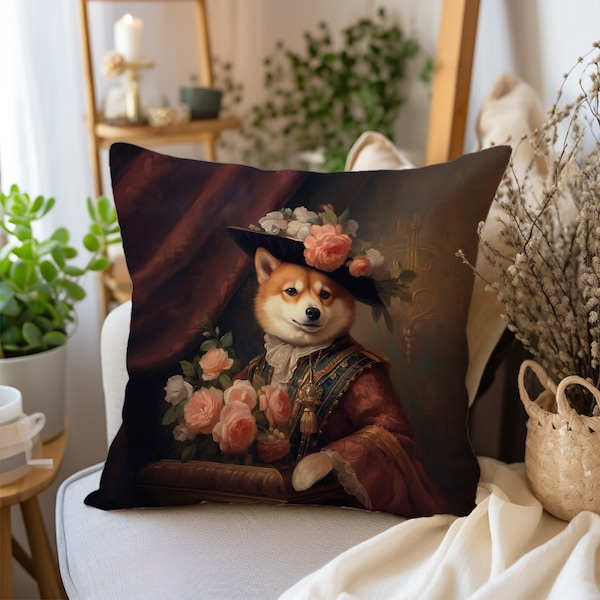 Shiba Inu Hund Dekokissen, viktorianischer edler Hund Blumen Stillleben Kissen, Vintage Cottagecore Akzentkissen, INSERT ENTHALTEN