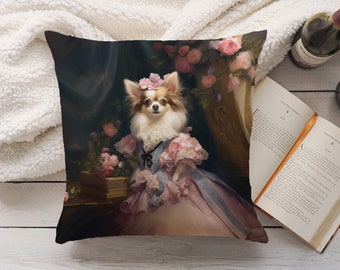 Almohada de princesa chihuahua, cojín de cachorro de dama victoriana rosa, regalos de chihuahua florales vintage, almohada de acento de perro real, INSERTO INCLUIDO