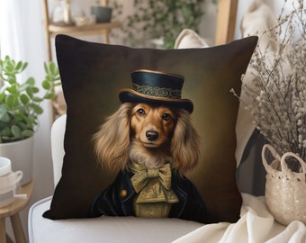 Dachshund Gentleman Decorative Pillow, Victorian Style Cushion (Pillow Included)