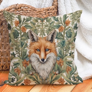 Forest Fox William Morris Inspired Pillow Botanical Art Nouveau Floral Cottagecore Woodland Animal Cushion Gift for Her INSERT INCLUDED