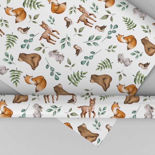 Modern Woodland Animals Wrapping Paper Forest Friends Greenery Birthday Baby Shower Gift Wrap Papers Wild One 1st Birthday Party Paper FOR3