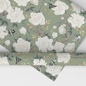 Sage Green Chinoiserie Wrapping Paper Ivory White Peony Floral & Birds Wedding Bridal Shower Gift Wrap Paper Luxury Chinese Pattern 20"x30"