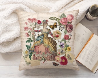Marie Antoinette Throw Pillow Rococo French Lady Floral Collage Cushion Vintage Botanical Roses 100% Polyester Cover with Zipper and Insert