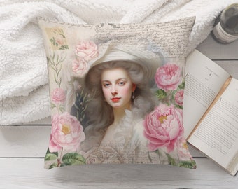 Marie Antoinette Rococo Throw Pillow, Vintage Floral French Lady Accent Cushion