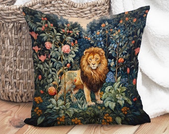 Vintage Lion Pillow, William Morris Inspired Retro Floral Jungle Design Gift Idea for Her Cushion Unique Home Decor INSERT INCLUDED