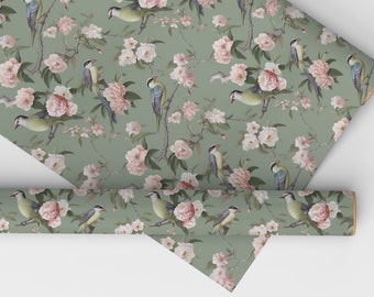 Sage Green Chinoiserie Floral Wrapping Paper Blush Pink Flowers Birds Wedding Bridal Shower Gift Wrap Paper Luxury Vintage Chinese Pattern