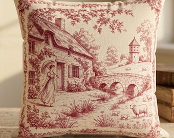 Toile Pillow, Oxblood French Country Decor, Romantic Farmhouse Cottage Guest Bedroom Accent