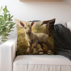 Cushion featuring a pastoral goat scene, styled on a modern couch, merging farmhouse allure with contemporary home decor.