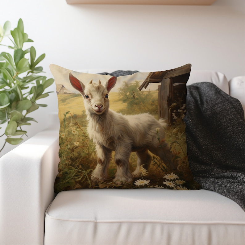 Cushion featuring a pastoral goat scene, styled on a modern couch, merging farmhouse allure with contemporary home decor.