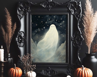 Spooky Ghost Starry Night Oil Painting, Halloween Wall Art (Digital Download)