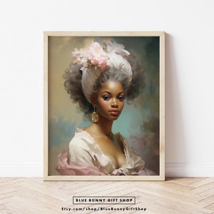 Rococo African Beauty Art Print, Pink Floral Baroque Oil Painting - Etsy