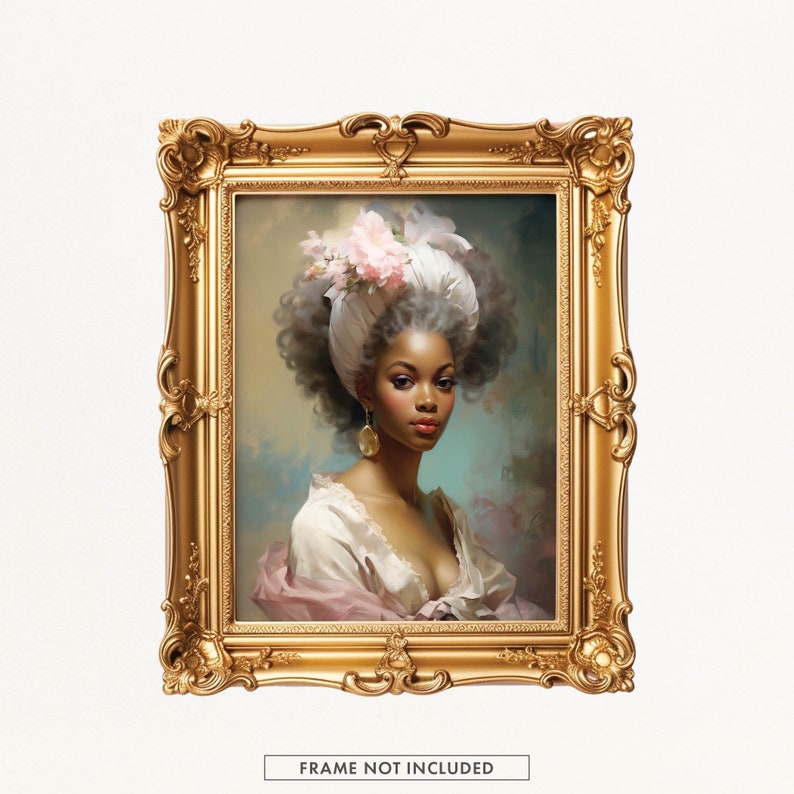 Rococo African Beauty Art Print, Pink Floral Baroque Oil Painting - Etsy