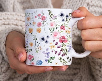 Unique Wildflower Watercolor Ceramic Mug 11oz, Aesthetic Floral Design, Bohemian Style Coffee Cup, Perfect Tea Gift for Her, Mom, Girlfriend