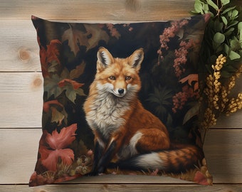 William Morris Fox Pillow, Rustic Autumn Woodland Cushion, Terracotta Orange