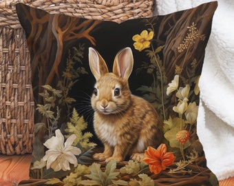Botanical Rabbit Pillow, William Morris Style, Earth Tone Woodland Cushion (Pillow Included)