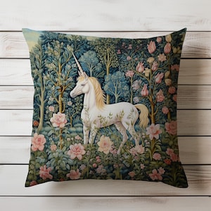 Unicorn Pillow William Morris Inspired Fantasy Botanical Floral Forest Decorative Cushion Cottagecore Home Decor Gift Idea INSERT INCLUDED