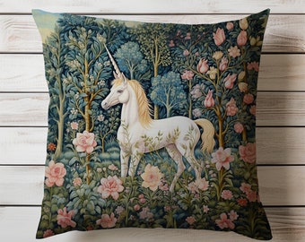 Unicorn Pillow William Morris Inspired Fantasy Botanical Floral Forest Decorative Cushion Cottagecore Home Decor Gift Idea INSERT INCLUDED