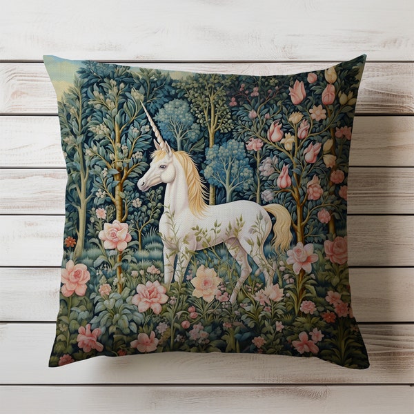 Unicorn Pillow William Morris Inspired Fantasy Botanical Floral Forest Decorative Cushion Cottagecore Home Decor Gift Idea INSERT INCLUDED