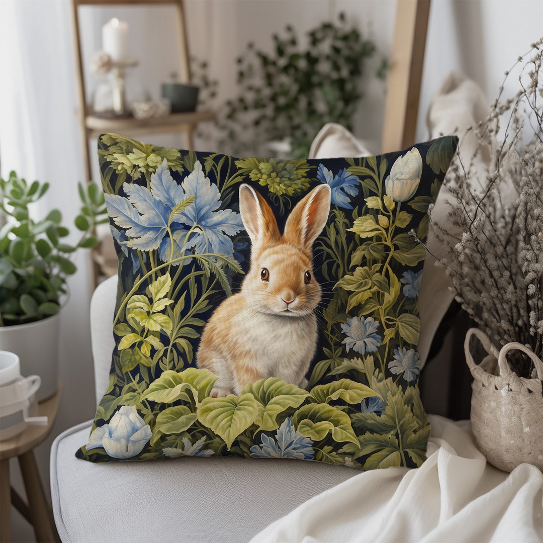 Blue Floral Bunny Pillow, Forest Rabbit Cushion, Botanical William ...